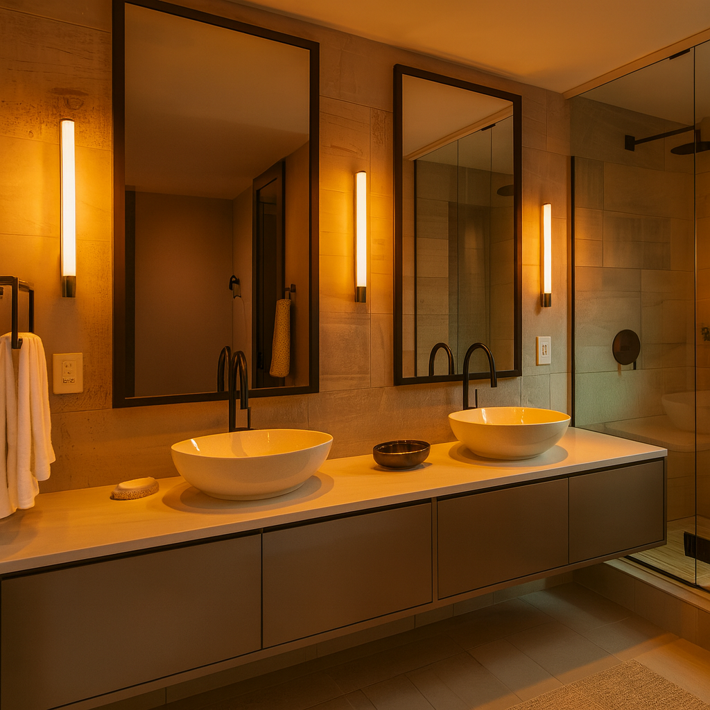 Vertikální nástěnná LED svítidla po stranách zrcadel v koupelně s dvojitým umyvadlem