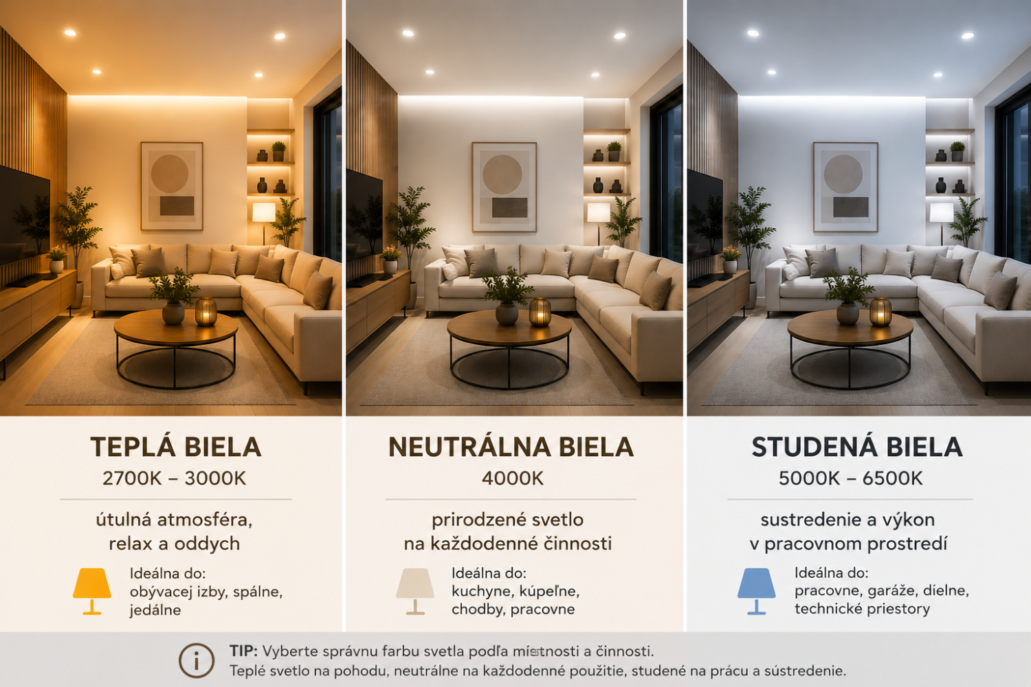 Porovnanie teplej neutrálnej a studenej farby svetla v modernom interiéri
