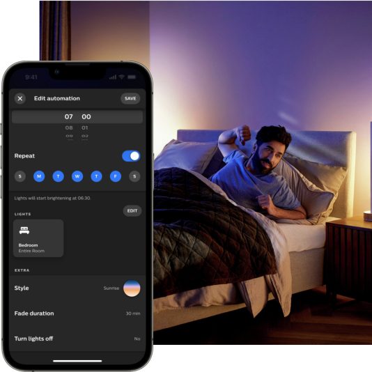 Nastavení barvy světla v aplikaci Hue pro přirozené probuzení