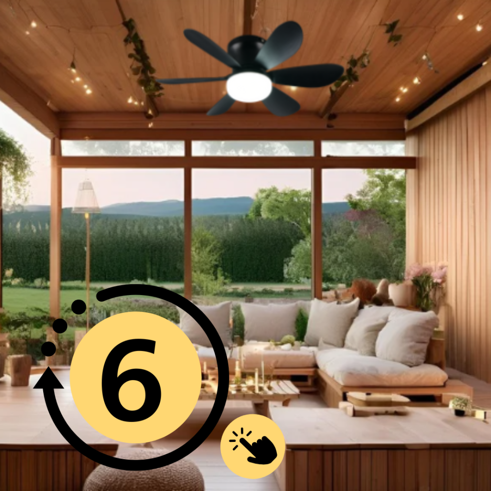 Stropní ventilátor na maximální 6. rychlosti – výkonný proud vzduchu pro okamžité větrání a osvěžení velkých prostor.