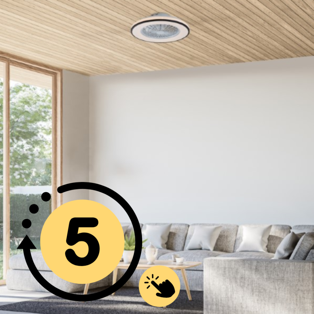 Stropní ventilátor na 5. rychlostním stupni – silný proud vzduchu pro rychlé ochlazení a intenzivní cirkulaci v místnosti.