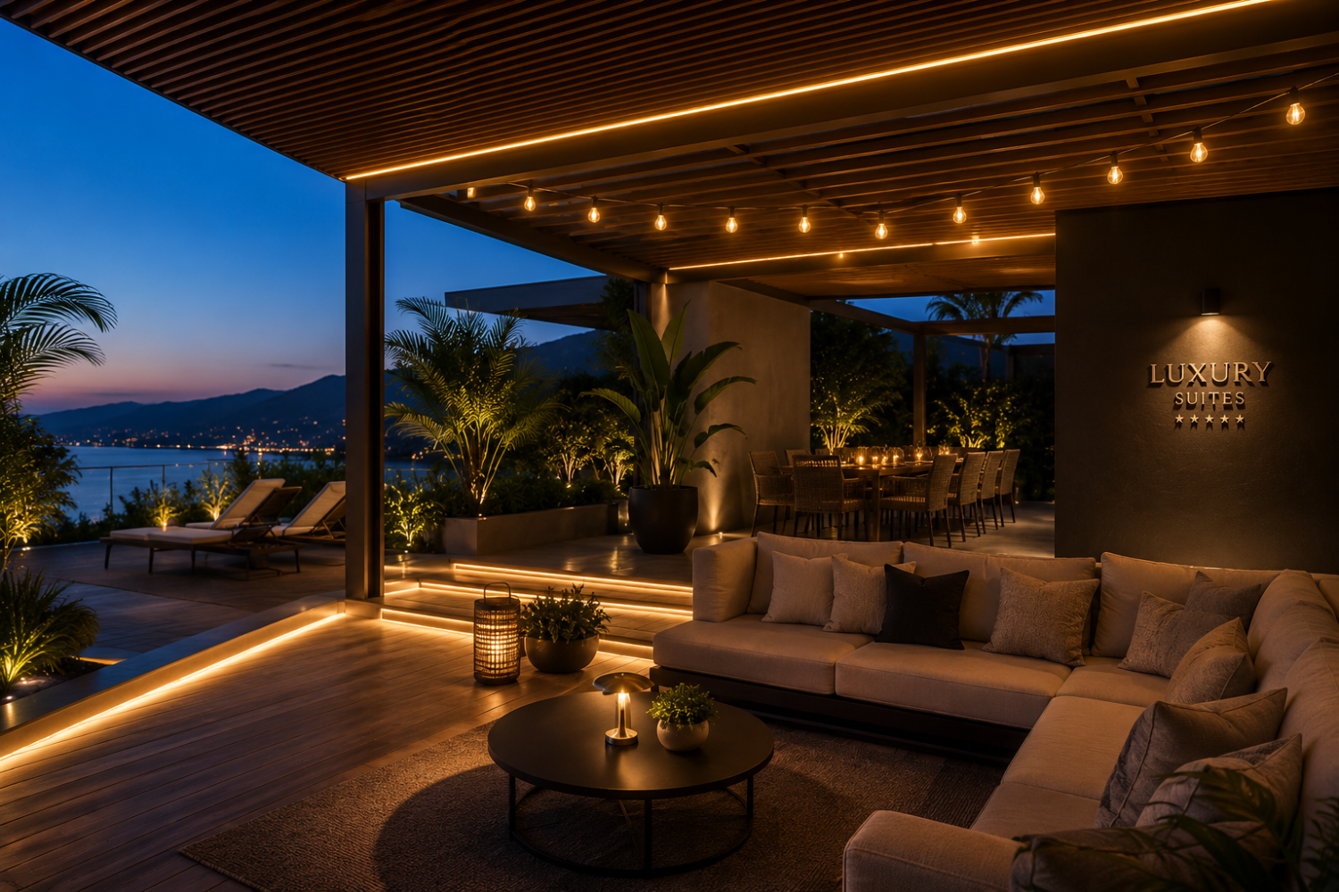 Luxusní terasa s ambientním LED osvětlením v hotelovém stylu