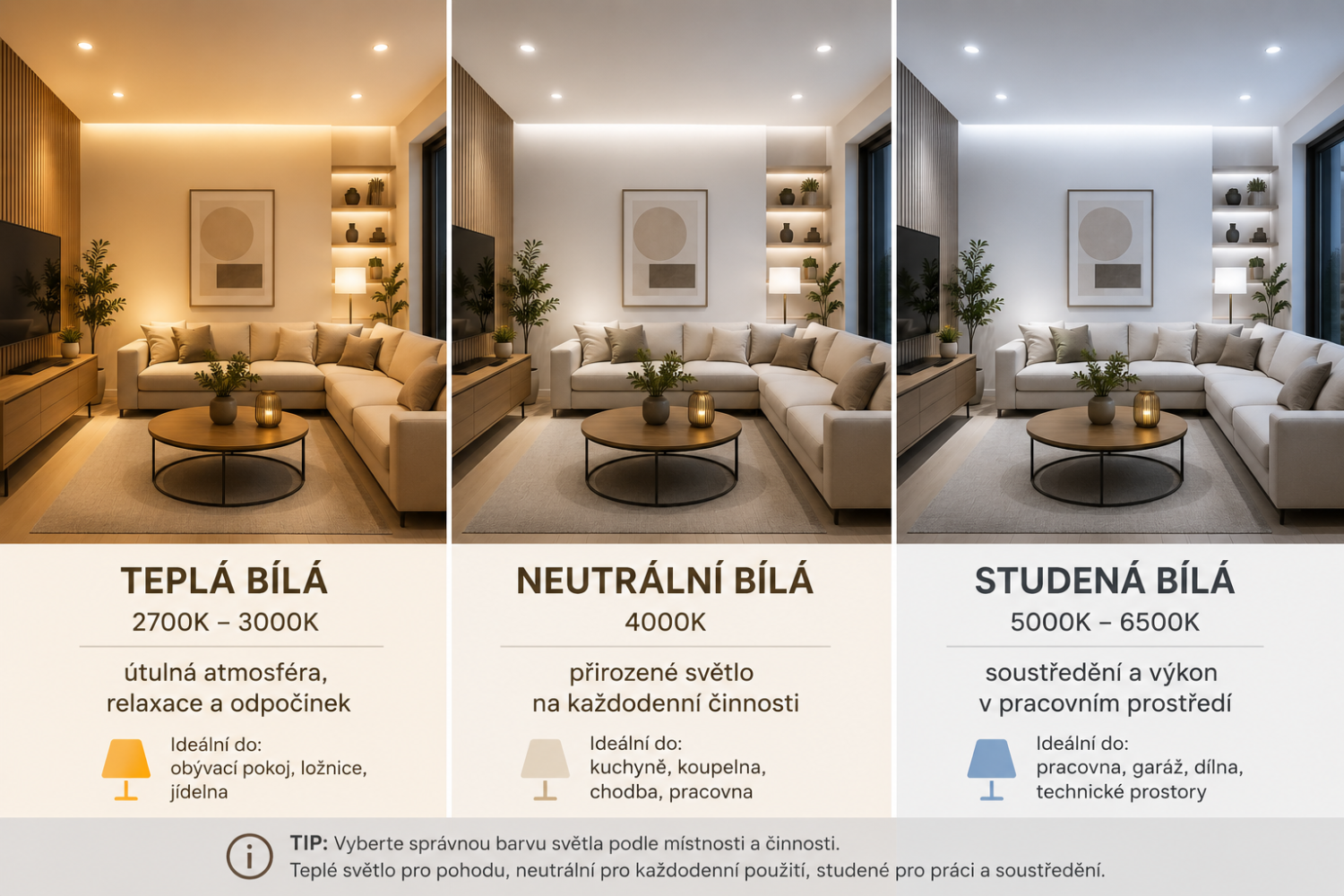 Porovnání teplé neutrální a studené barvy světla v moderním interiéru