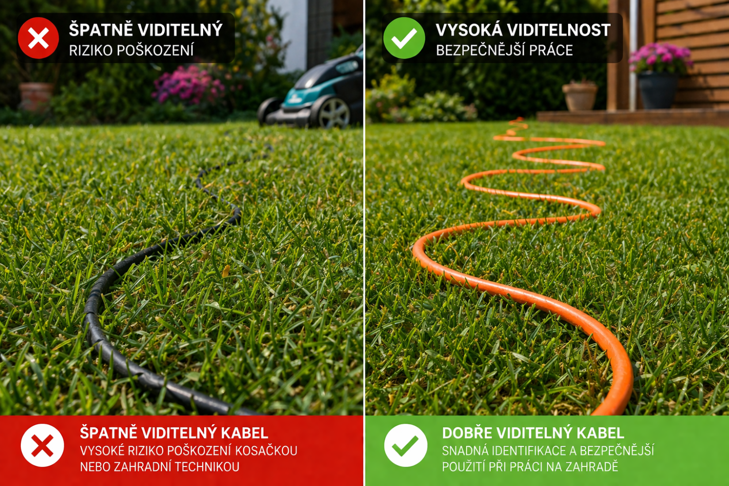 Porovnání špatně viditelného černého kabelu a dobře viditelného oranžového kabelu v trávě