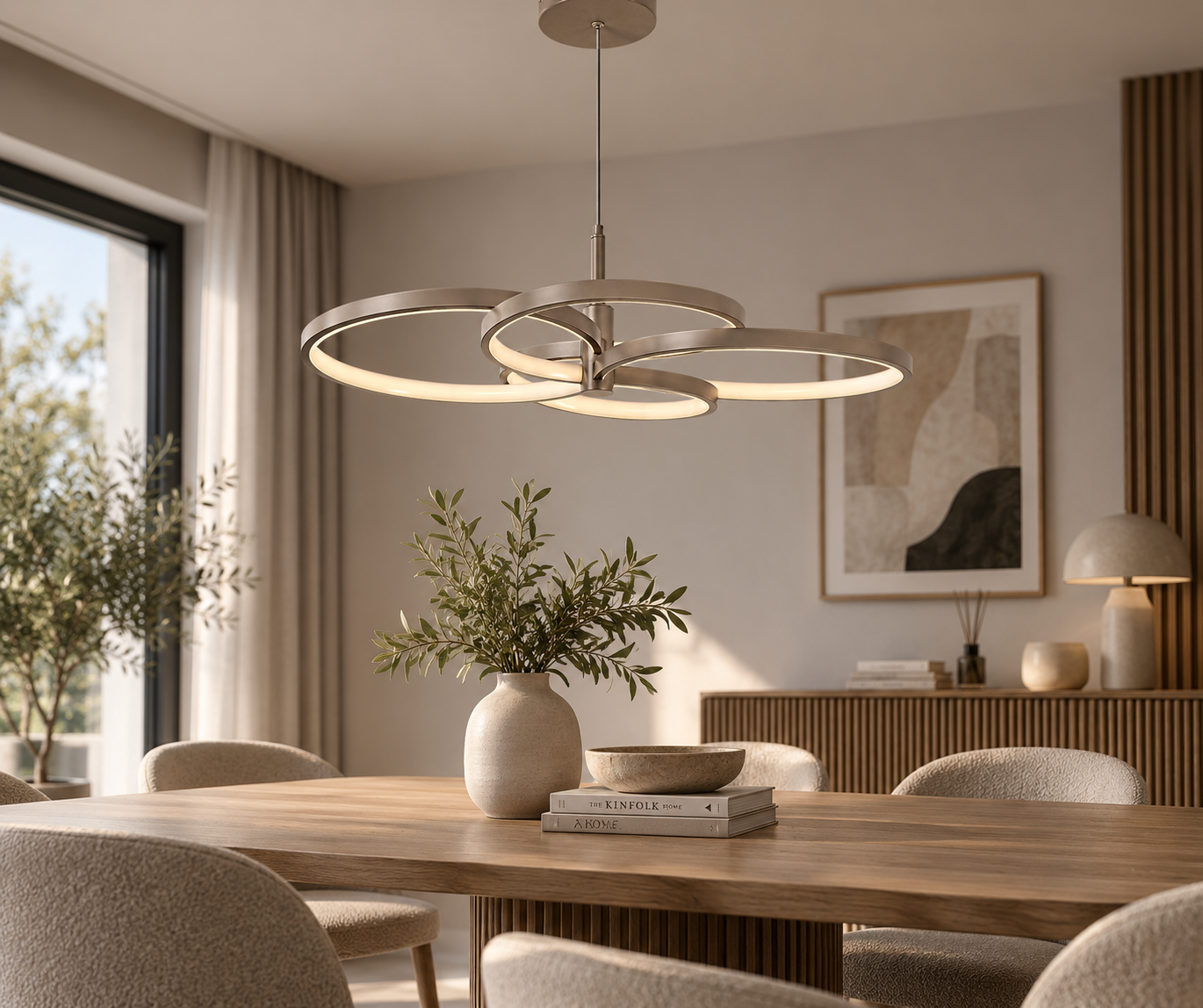 Greige závěsné LED svítidlo Rabalux Isidora 72401 nad dřevěným stolem