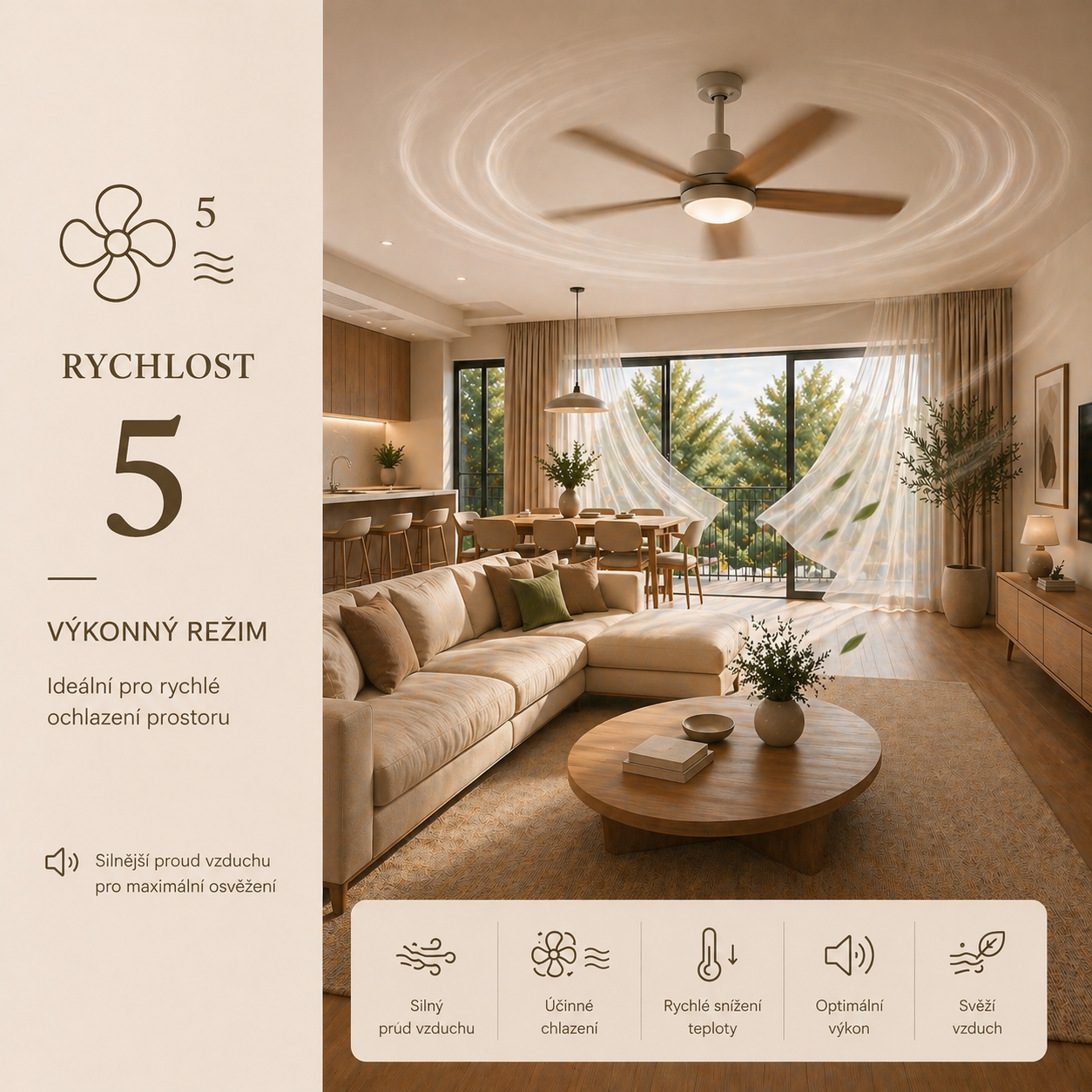Stropní ventilátor na 5. rychlostním stupni – silný proud vzduchu pro rychlé ochlazení a intenzivní cirkulaci v místnosti.