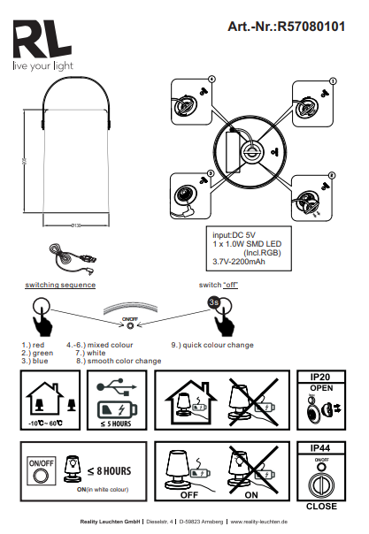 TRIO Reality R57080101 Aruba exteriérové stolové svietidlo LED 1x1W 3000K IP44 USB