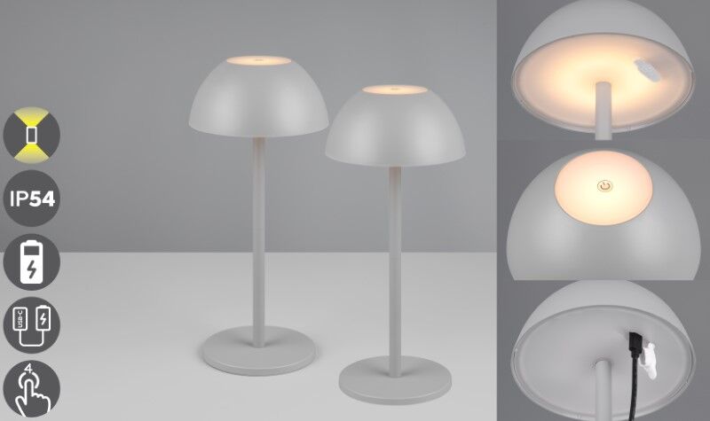 TRIO Reality R54106177 RICARDO vonkajšia dotyková stolná lampa SMD LED V300mm 1,7W/240lm 3000K IP54 šedá, nabíjateľná batéria, USB-C port