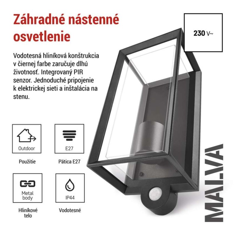 EMOS ZGH040P MALVA venkovní nástěnné svítidlo E27 130 × 120 × 280  IP44 se senzorem černá