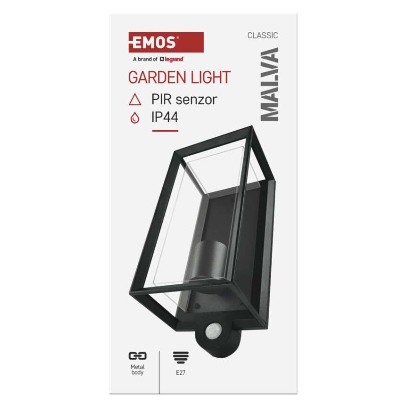 EMOS ZGH040P MALVA venkovní nástěnné svítidlo E27 130 × 120 × 280  IP44 se senzorem černá