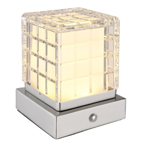 GLOBO 21009W LUNKI dotyková stolná lampička LED V100mm 2,5W/206lm 2700+6500+4000K matný nikel, priehľadná, vrátane batérie CR18650 1800mAh 3,7V, USB-A 2.0 - USB-C