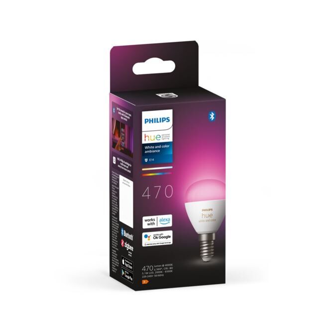 8719514491229 Philips Hue White and Color Ambiance žárovka LED E14 5,1W/470lm 2000-6500K+RGB P45 kapka