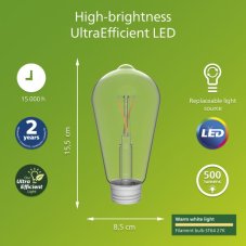 LED žárovka 3W 500lm 2700K ST64 priehľadná PHILIPS UltraEfficient Solar Filament 8720169361980