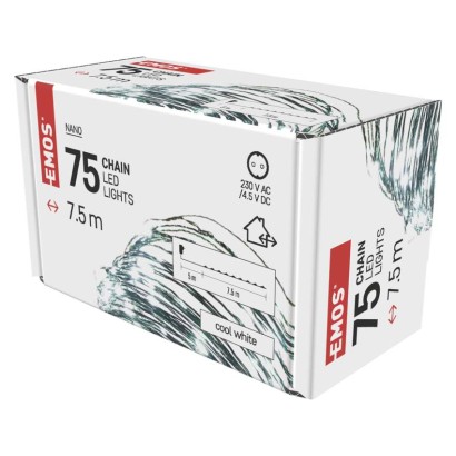 D3AC04 EMOS NANO vánoční řetěz 75 LED, zelený drát, 7,5m, časovač, studená bílá, IP44