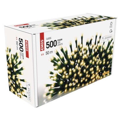 D4AW06 EMOS CLASSIC Vianočná reťaz 500 LED, zelený drôt, 50m, časovač, teplá biela, IP44
