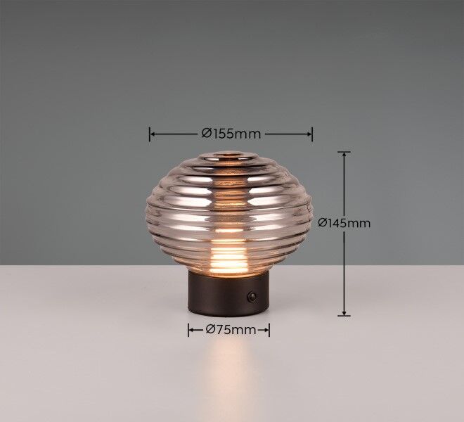 TRIO Reality R57771154 EARL dotyková stolná lampička SMD LED 1,5W/100lm 3000K čierna matná, dymová, nabíjateľná batéria, USB-C port