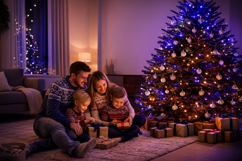 Vánoční stromek s růžovo-fialovým smart osvětlením Philips Hue Festavia a rodina v šedých a růžových vánočních svetrech při rozbalování dárků