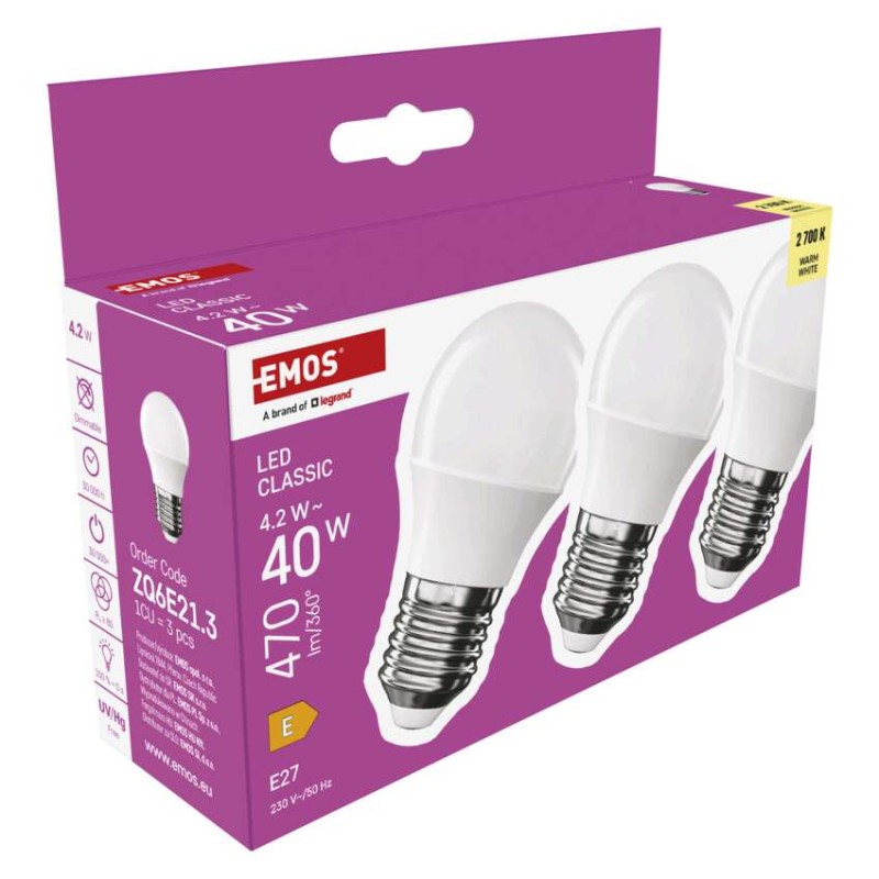 Emos ZQ6E21.3 LED žárovka E27 CLASSIC Mini Globe 4,2W 470lm 2700K 3-set