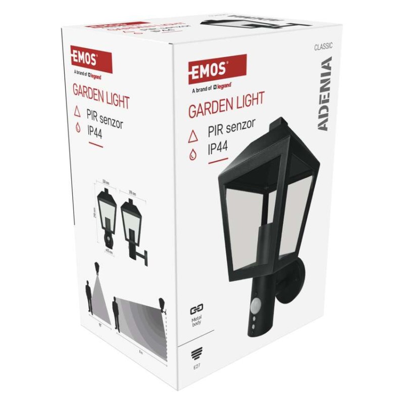 Emos ZGB040P ADENIA venkovní nástěnné svítidlo E27 198 × 150 × 298 mm  IP44 se senzorem černá