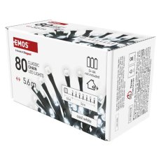 EMOS D4FC02 vánoční řetěz CLASSIC 80 LED 5,6m 0,9W studená bílá, IP44, barva drátu - černá, časovač, 3xAA excl.