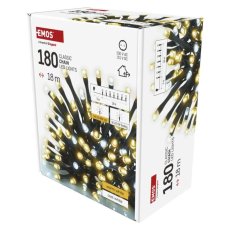 EMOS D4AN03 vánoční řetěz CLASSIC 180 LED 18m 3,6W studená/teplá bílá, IP44, barva drátu - černá, časovač, adaptér