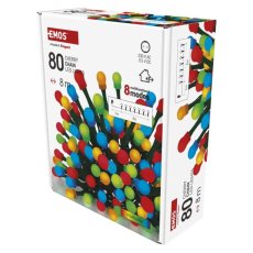 EMOS D5AM22 vianočná reťaz - guľôčky CHERRY 80 LED 8m 3,6W multicolor, IP44, farba drôtu - zelená, časovač, adaptér