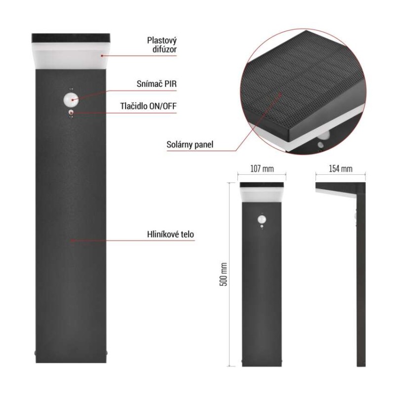 EMOS ZGK0B4S VEREA solární venkovní stojanové svítidlo/sloupek LED 154 × 107 × 500 4,4W 460lm 3000K IP44 se senzorem černá