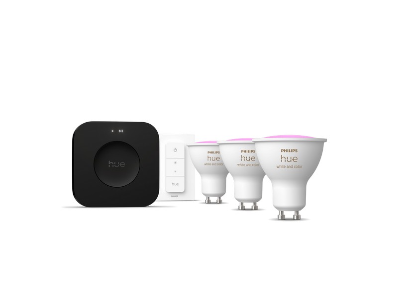 8720169374546 Philips Hue White and color Ambiance LED žiarovka GU10 4,2W/400lm 2000-6500K+RGB čierna 3-set + Bridge Pro + switch