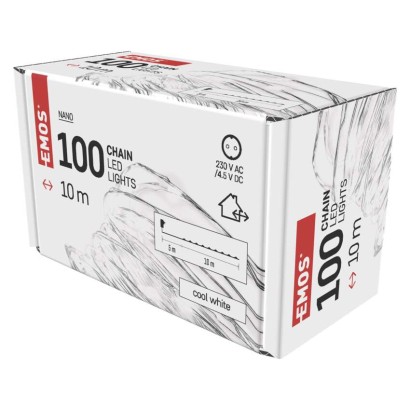 D3AC01 EMOS NANO vánoční řetěz 100 LED, střbrný drát, 10m, časovač, studená bílá, IP44