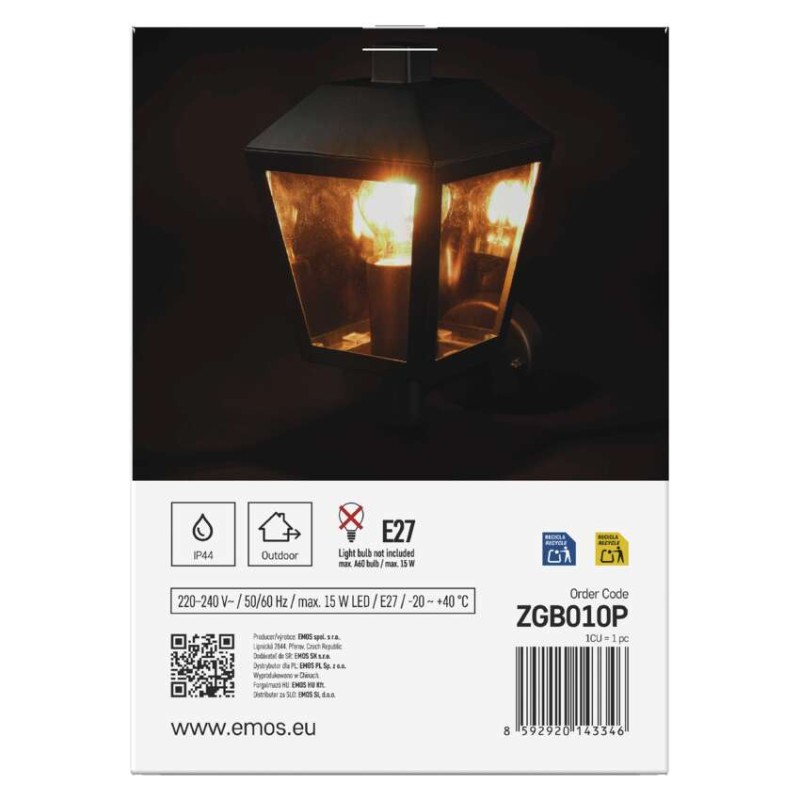 Emos ZGB010P ADENIA venkovní nástěnné svítidlo E27 198 × 150 × 278 mm  IP44 černá