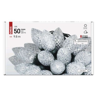 D5ZC01 EMOS Retro vánoční řetěz LED – šišky 9,8m zelený drát, studená bílá, 8 módů, IP44