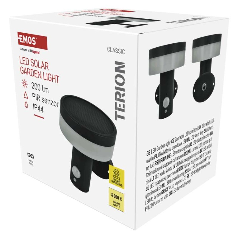 EMOS ZGJ044S TERION solární venkovní nástěnné svítidlo LED 147 × 125 × 146 2W 200lm 3000K IP44 se senzorem antracit
