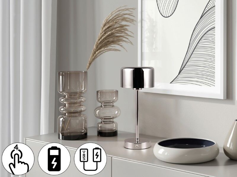 TRIO Reality R59151106 JEFF dotyková stolná lampička SMD LED 1,5W/120lm 3000K chrómová, biela, nabíjateľná batéria, USB-C port