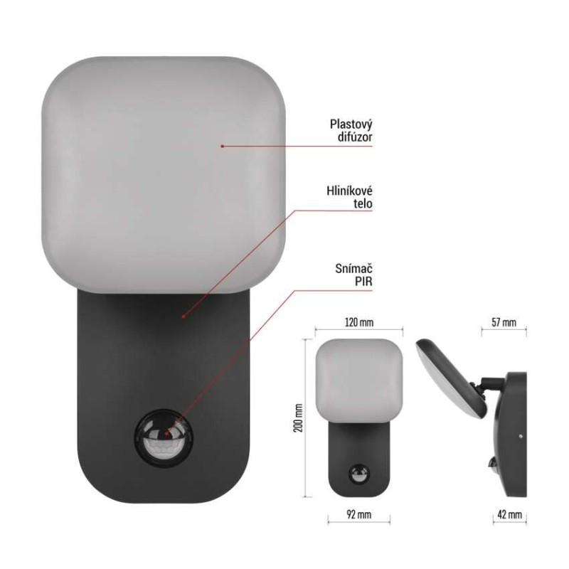 EMOS ZGE044L NIKA venkovní nástěnné svítidlo LED 120 × 120 × 200 12,8W 900lm 3000K IP44 se senzorem antracit