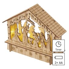 DCWW34 EMOS vánoční dekorace - betlém dřevěný LED 15x18,5x5cm, 2x AA, teplá bílá, časovač