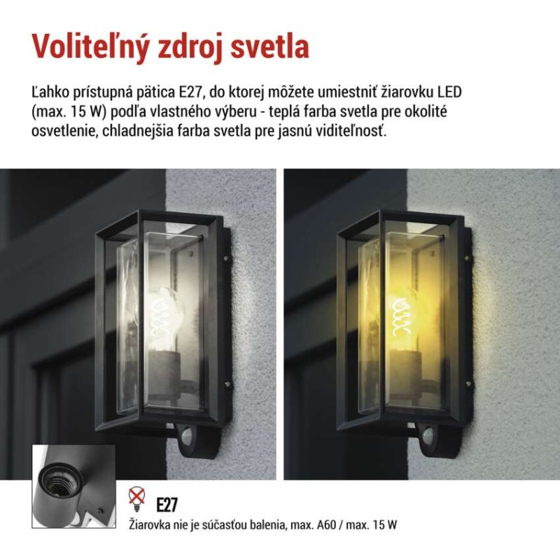 EMOS ZGH040P MALVA venkovní nástěnné svítidlo E27 130 × 120 × 280  IP44 se senzorem černá