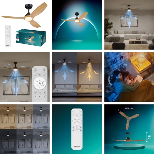 Stropný ventilátor so svetlom LED 3000–6500K čierna, drevo IP20 PHILIPS Olas 8721103096128