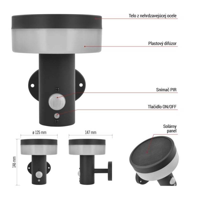 EMOS ZGJ044S TERION solární venkovní nástěnné svítidlo LED 147 × 125 × 146 2W 200lm 3000K IP44 se senzorem antracit