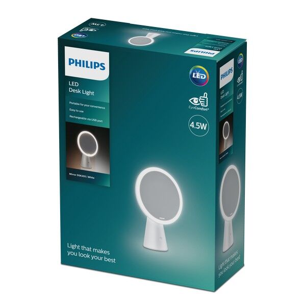 Philips 8719514420472 Mirror stolná dotyková kozmetická lampička so zrkadlom LED 4,5W/60lm 3000-5000K USB CRI95 biela stmievateľná
