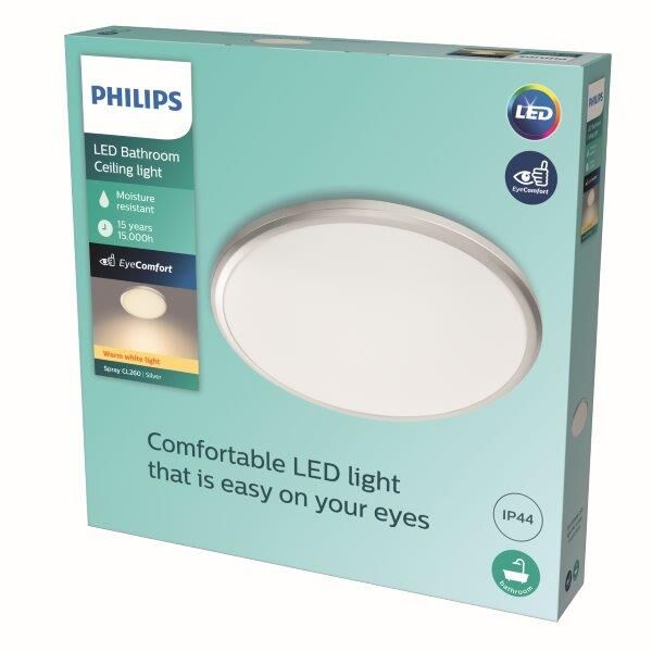 Philips Spray LED CL260 Stropné svítidlo do koupelny kruhové 17W/1500lm 377mm 2700K IP44 stříbrná