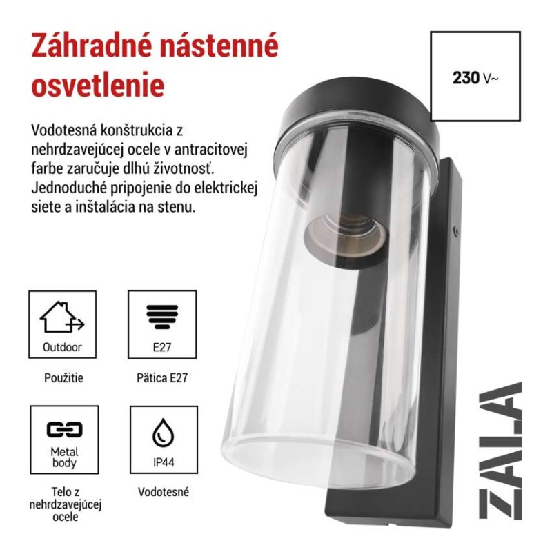 EMOS ZGC010P ZALA venkovní nástěnné svítidlo E27 128 × 80 × 230  IP44 antracit