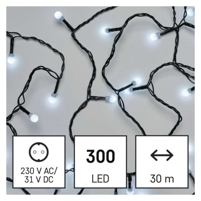 D5AC04 EMOS CHERRY Vianočná reťaz Cherry guľôčky 300 LED, zelený drôt, 30m, časovač, studená biela, IP44
