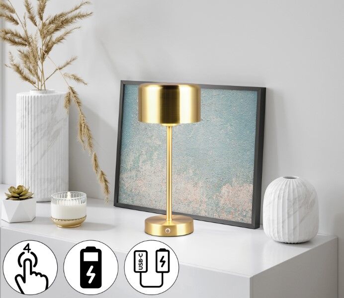 TRIO Reality R59151108 JEFF dotyková stolná lampička SMD LED 1,5W/120lm 3000K mosadzná matná, biela, nabíjateľná batéria, USB-C port