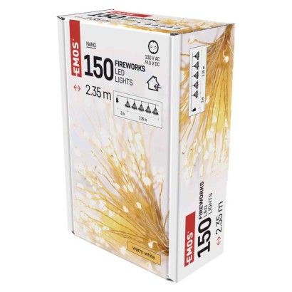 D3AW08 EMOS NANO vánoční řetěz ohňostroj, 150 LED, 2,35 m, transparentní drát, teplá bílá, časovač