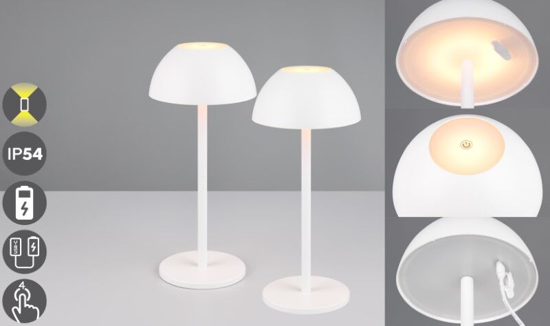 TRIO Reality R54106131 RICARDO vonkajšia dotyková stolná lampa SMD LED V300mm 1,7W/240lm 3000K IP54 biela matná, nabíjateľná batéria, USB-C port