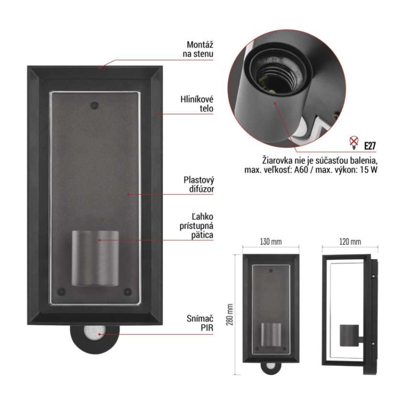 EMOS ZGH040P MALVA venkovní nástěnné svítidlo E27 130 × 120 × 280  IP44 se senzorem černá