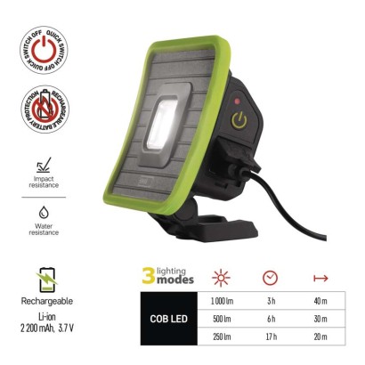 EMOS P4539 LED nabíjecí pracovní svítilna 1000lm Li-Ion USB C IP44 černo-zelená