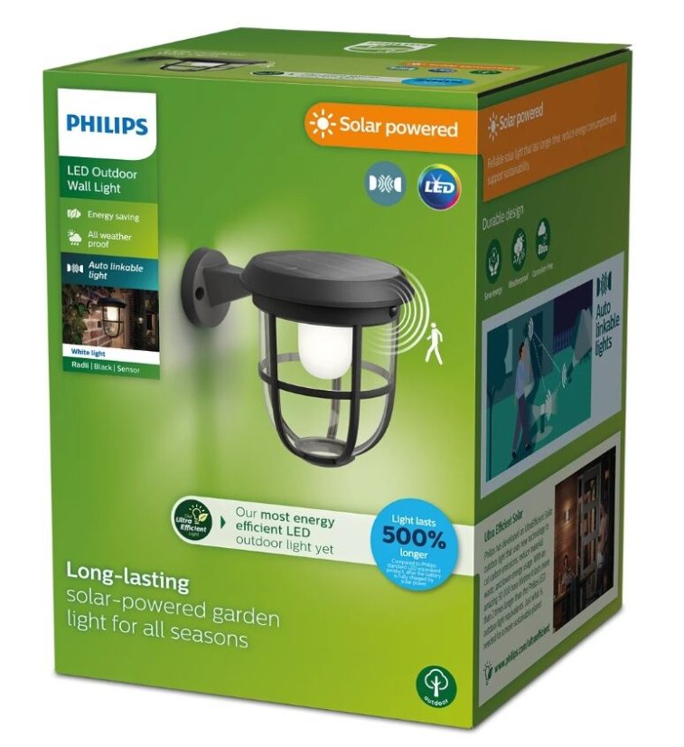 Philips 8720169267176 UltraEfficient Solar Radii solární nástěnné svítidlo se senzorem PIR LED 1,3W/250lm 3000K IP44 černá