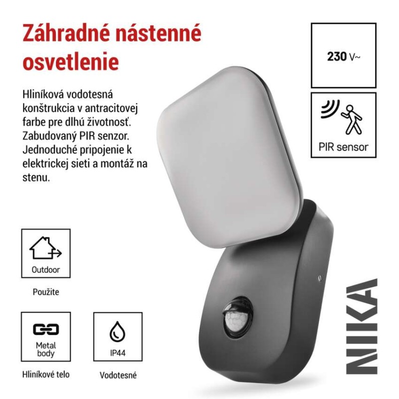 EMOS ZGE044L NIKA venkovní nástěnné svítidlo LED 120 × 120 × 200 12,8W 900lm 3000K IP44 se senzorem antracit