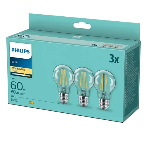 Philips 8718699777777 LED žárovka filament E27 7W/60W 806lm A60 2700K 3-set